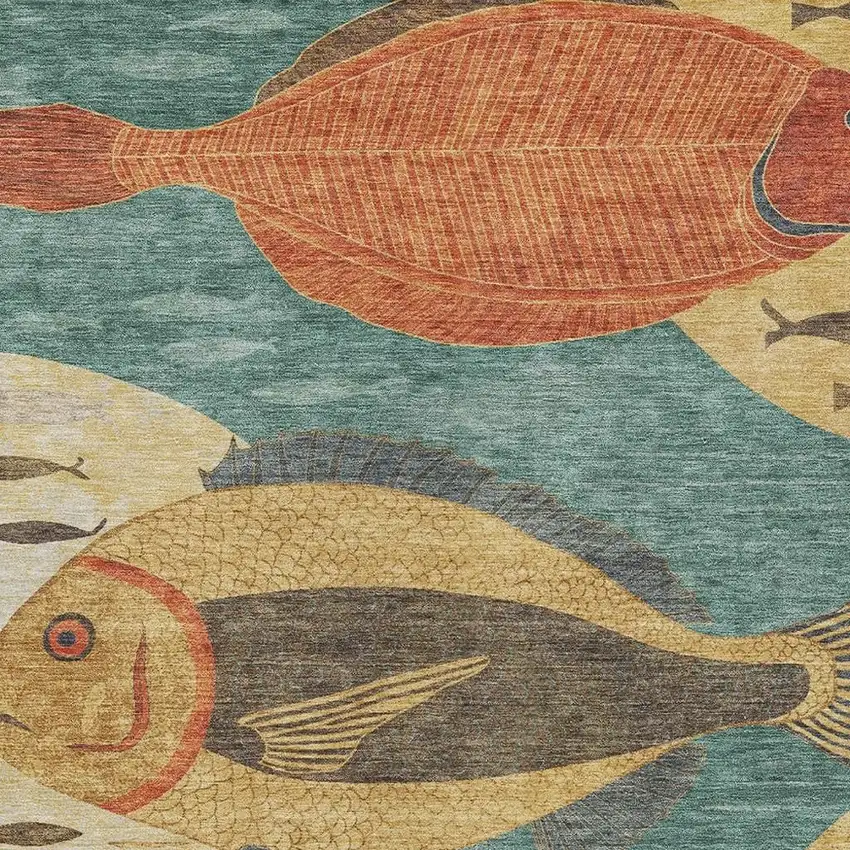 Teal Blue And Gold Tropical Fish Washable Indoor Outdoor Area Rug Photo 2
