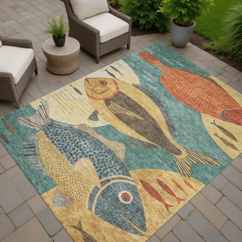 Teal Blue And Gold Tropical Fish Washable Indoor Outdoor Area Rug Photo 7