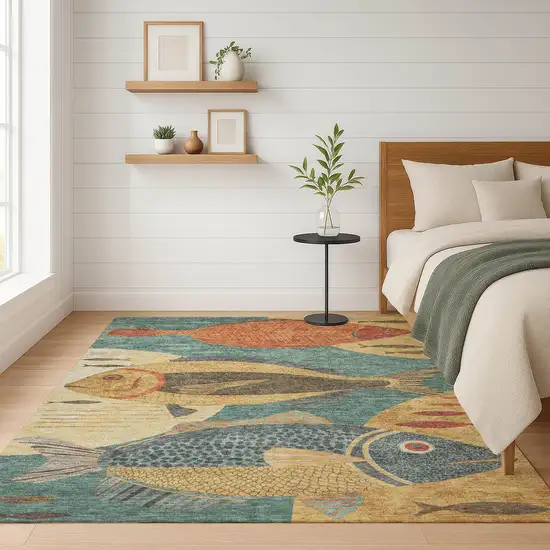 Teal Blue And Gold Tropical Fish Washable Indoor Outdoor Area Rug Photo 6