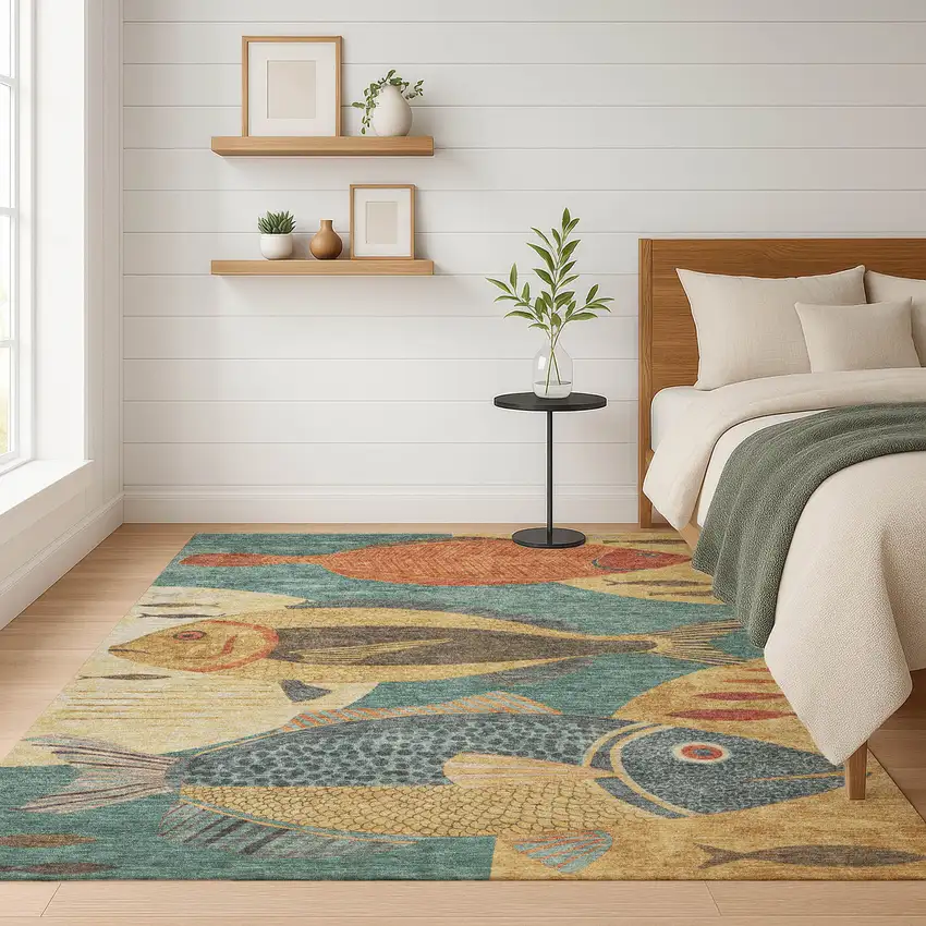 Teal Blue And Gold Tropical Fish Washable Indoor Outdoor Area Rug Photo 6