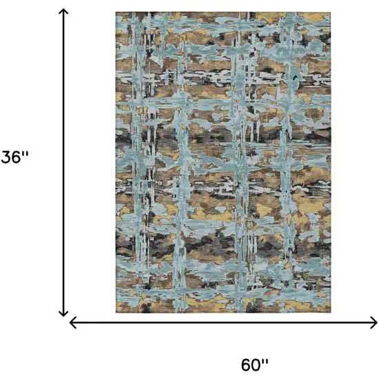 Teal Blue And Granite Gray Abstract Washable Indoor Outdoor Area Rug Photo 6