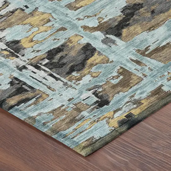 Teal Blue And Granite Gray Abstract Washable Indoor Outdoor Area Rug Photo 4