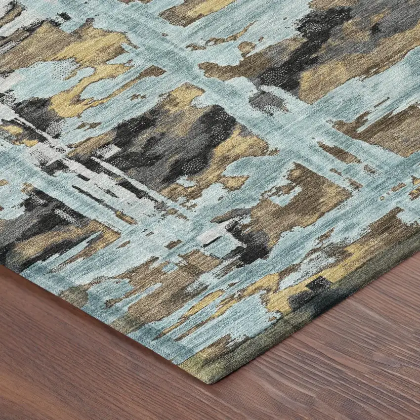 Teal Blue And Granite Gray Abstract Washable Indoor Outdoor Area Rug Photo 4