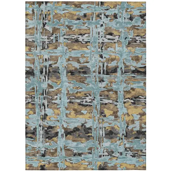 Teal Blue And Granite Gray Abstract Washable Indoor Outdoor Area Rug Photo 1