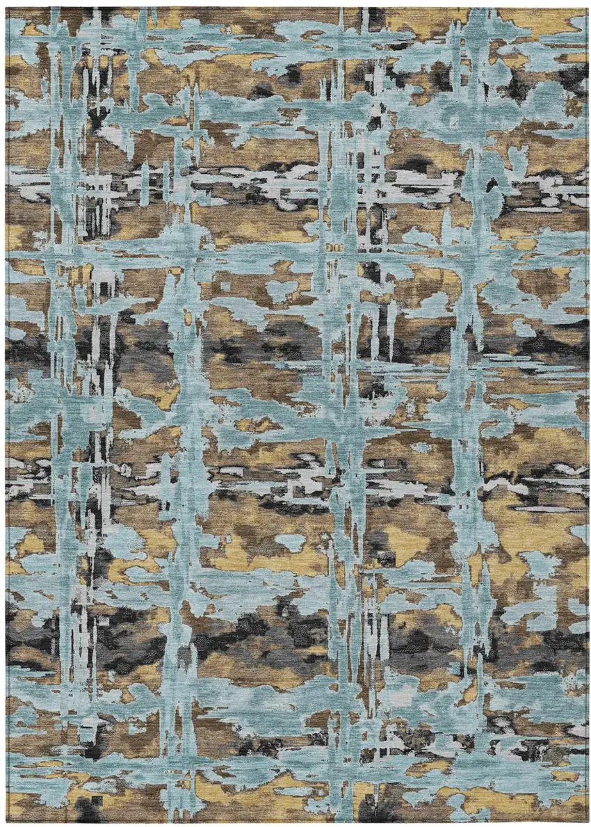 Teal Blue And Granite Gray Abstract Washable Indoor Outdoor Area Rug Photo 1