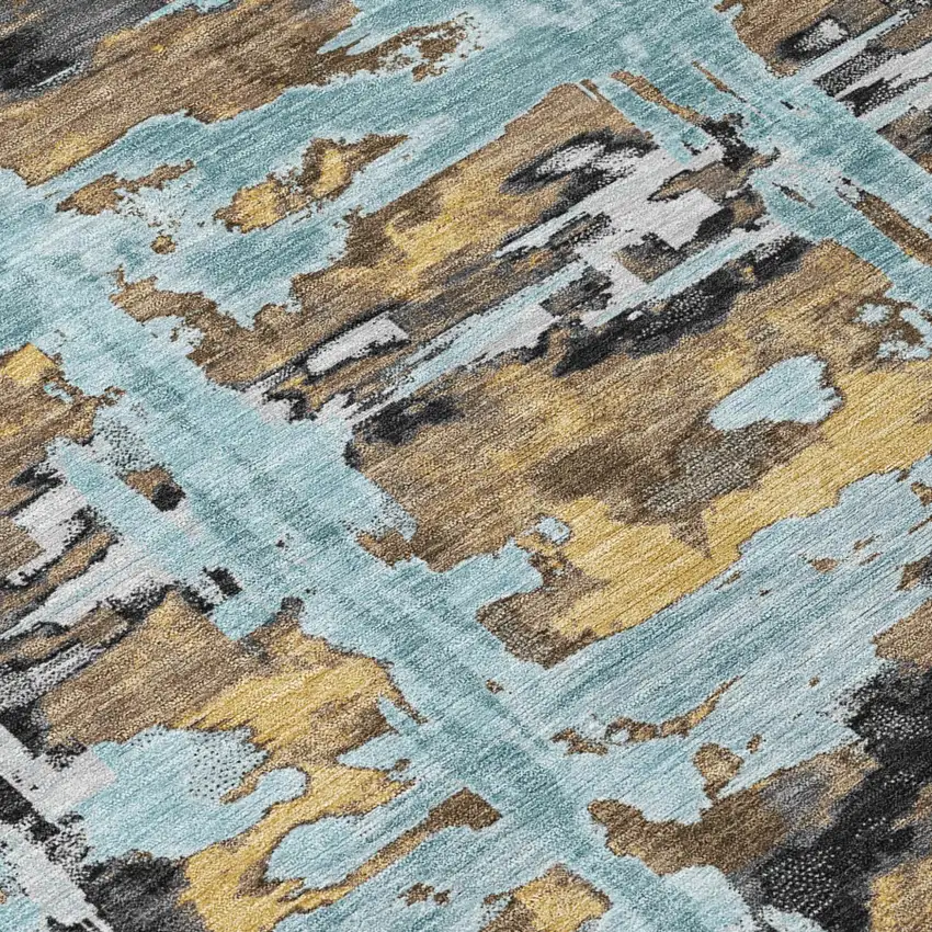Teal Blue And Granite Gray Abstract Washable Indoor Outdoor Area Rug Photo 5
