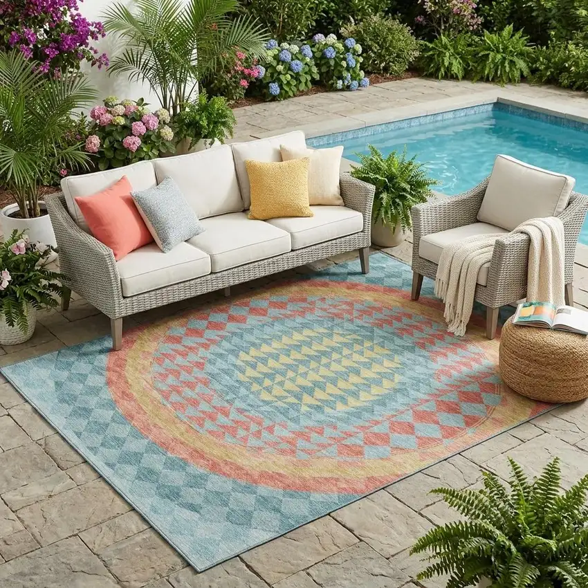 Teal Blue And Granite Gray Geometric Washable Indoor Outdoor Area Rug Photo 1