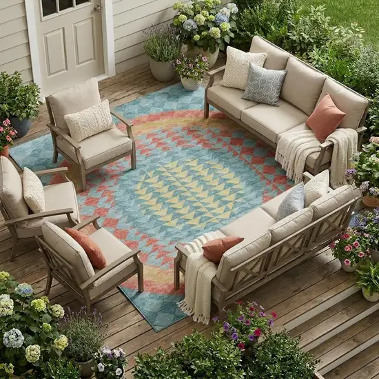 Teal Blue And Granite Gray Geometric Washable Indoor Outdoor Area Rug Photo 1