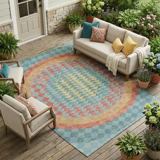 Teal Blue And Granite Gray Geometric Washable Indoor Outdoor Area Rug Photo 1
