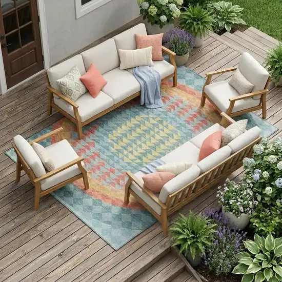 Teal Blue And Granite Gray Geometric Washable Indoor Outdoor Area Rug Photo 1
