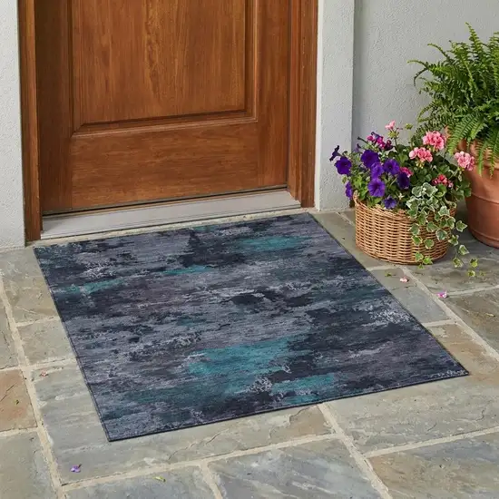 Teal Blue And Graphite Abstract Washable Indoor Outdoor Area Rug Photo 1
