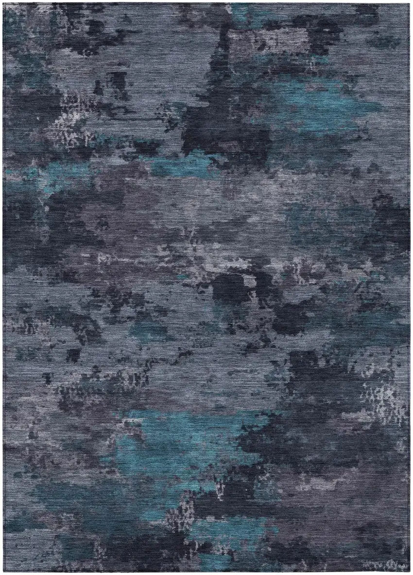Teal Blue And Graphite Abstract Washable Indoor Outdoor Area Rug Photo 2