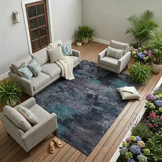Teal Blue And Graphite Abstract Washable Indoor Outdoor Area Rug Photo 1