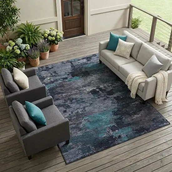Teal Blue And Graphite Abstract Washable Indoor Outdoor Area Rug Photo 1