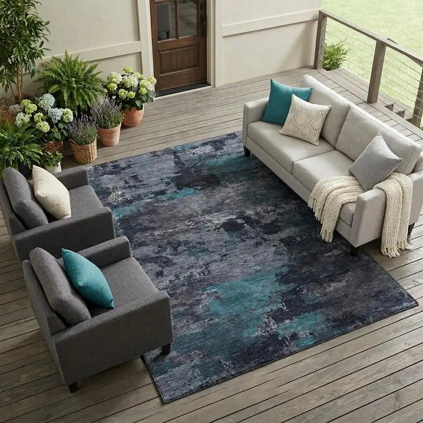 Teal Blue And Graphite Abstract Washable Indoor Outdoor Area Rug Photo 1