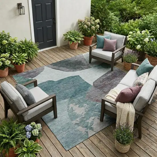 Teal Blue And Graphite Abstract Washable Indoor Outdoor Area Rug Photo 1