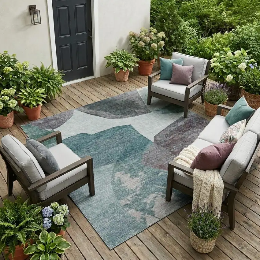 Teal Blue And Graphite Abstract Washable Indoor Outdoor Area Rug Photo 1