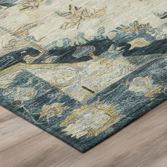 Teal Blue And Graphite Floral Medallion Washable Indoor Outdoor Area Rug Photo 8