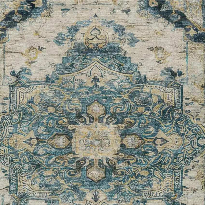 Teal Blue And Graphite Floral Medallion Washable Indoor Outdoor Area Rug Photo 7