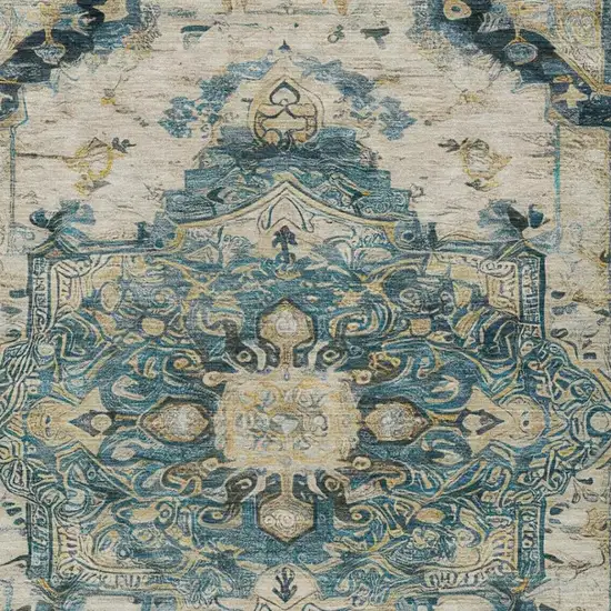 Teal Blue And Graphite Floral Medallion Washable Indoor Outdoor Area Rug Photo 7