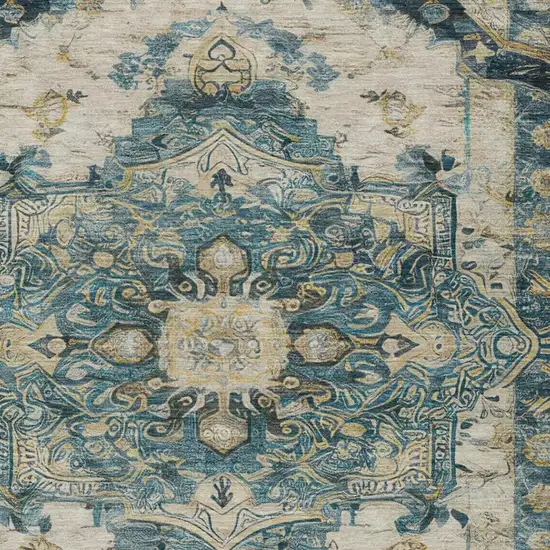Teal Blue And Graphite Floral Medallion Washable Indoor Outdoor Area Rug Photo 2