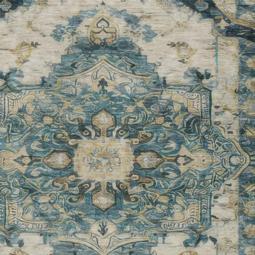 Teal Blue And Graphite Floral Medallion Washable Indoor Outdoor Area Rug Photo 2