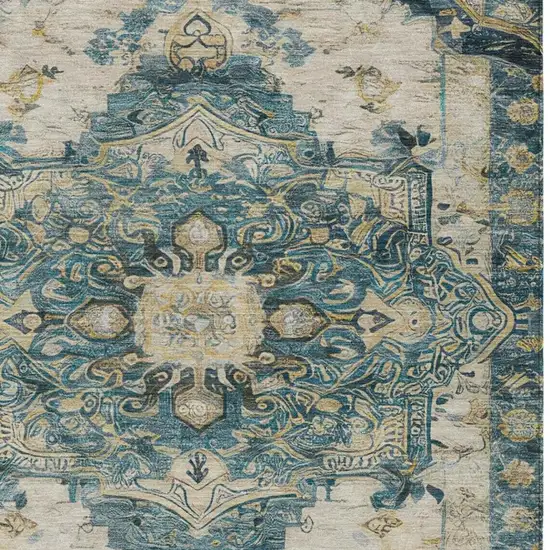 Teal Blue And Graphite Floral Medallion Washable Indoor Outdoor Area Rug Photo 5