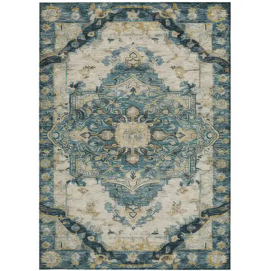 Teal Blue And Graphite Floral Medallion Washable Indoor Outdoor Area Rug Photo 2
