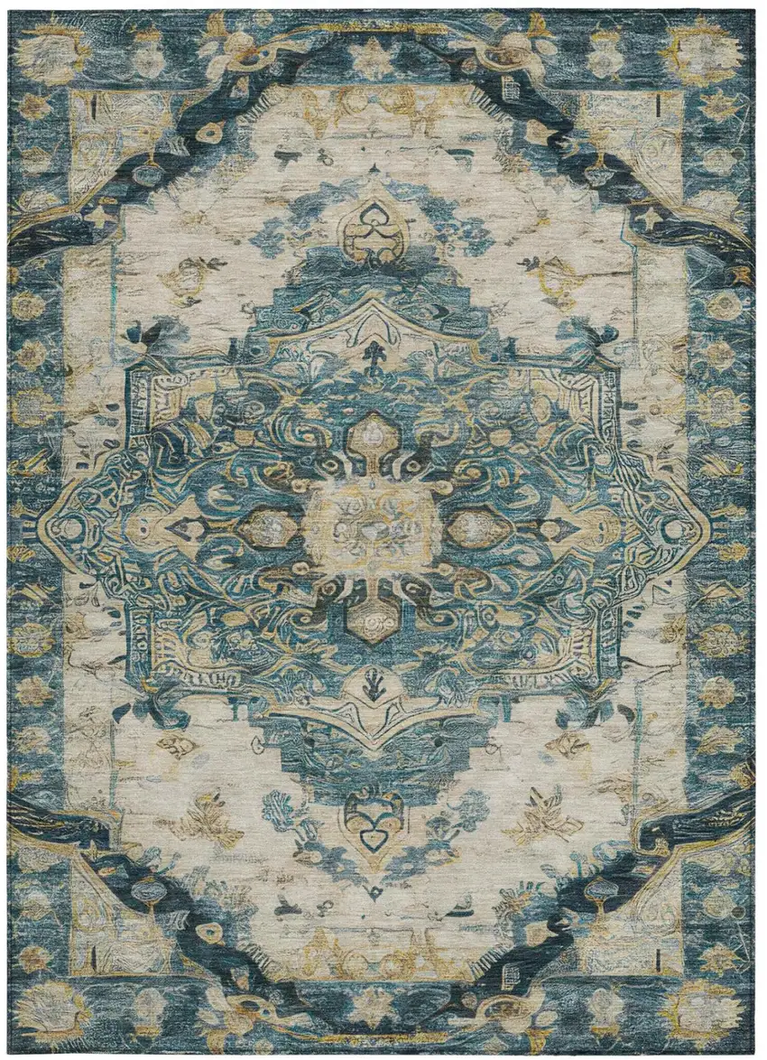Teal Blue And Graphite Floral Medallion Washable Indoor Outdoor Area Rug Photo 2