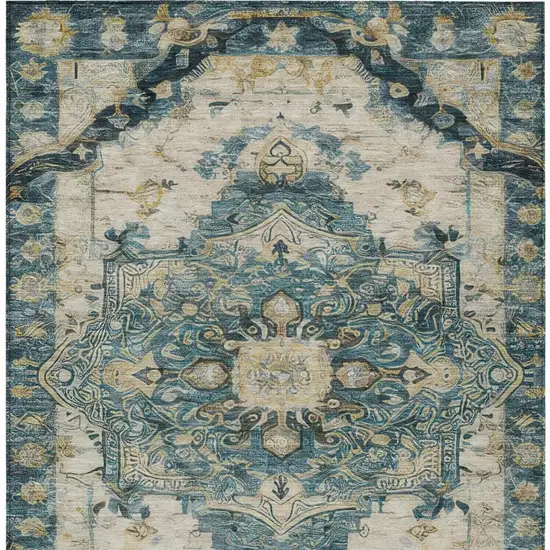 Teal Blue And Graphite Floral Medallion Washable Indoor Outdoor Area Rug Photo 6