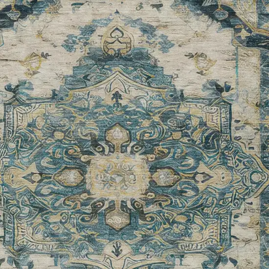 Teal Blue And Graphite Floral Medallion Washable Indoor Outdoor Area Rug Photo 9