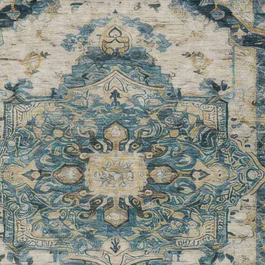 Teal Blue And Graphite Floral Medallion Washable Indoor Outdoor Area Rug Photo 9