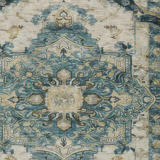 Teal Blue And Graphite Floral Medallion Washable Indoor Outdoor Area Rug Photo 7