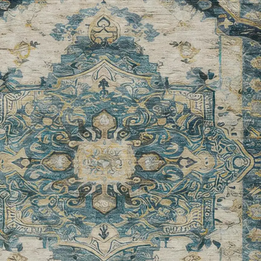 Teal Blue And Graphite Floral Medallion Washable Indoor Outdoor Area Rug Photo 7