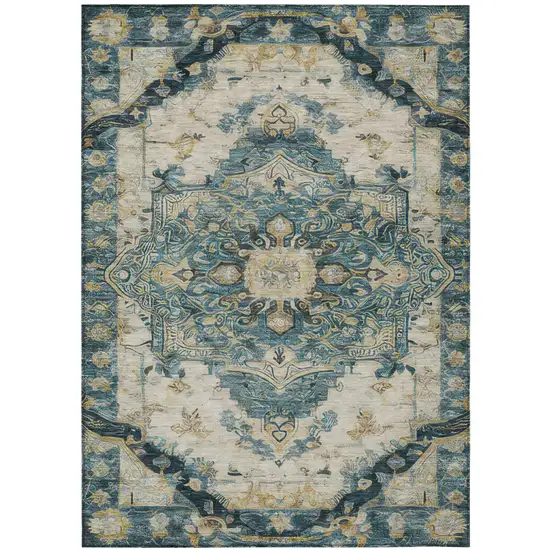 Teal Blue And Graphite Floral Medallion Washable Indoor Outdoor Area Rug Photo 3