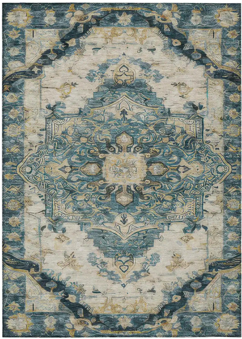 Teal Blue And Graphite Floral Medallion Washable Indoor Outdoor Area Rug Photo 3