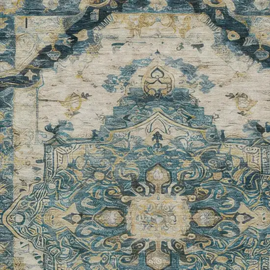 Teal Blue And Graphite Floral Medallion Washable Indoor Outdoor Area Rug Photo 1