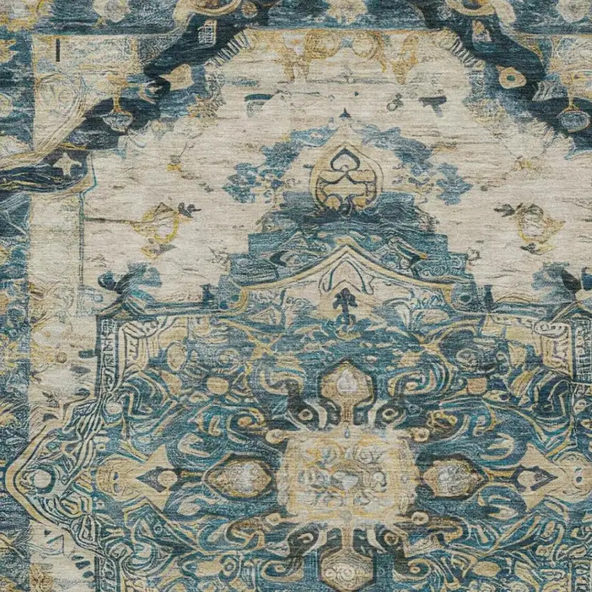 Teal Blue And Graphite Floral Medallion Washable Indoor Outdoor Area Rug Photo 1