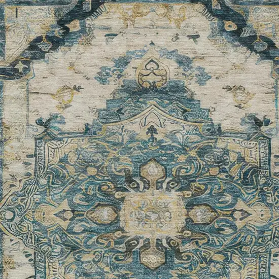 Teal Blue And Graphite Floral Medallion Washable Indoor Outdoor Area Rug Photo 8