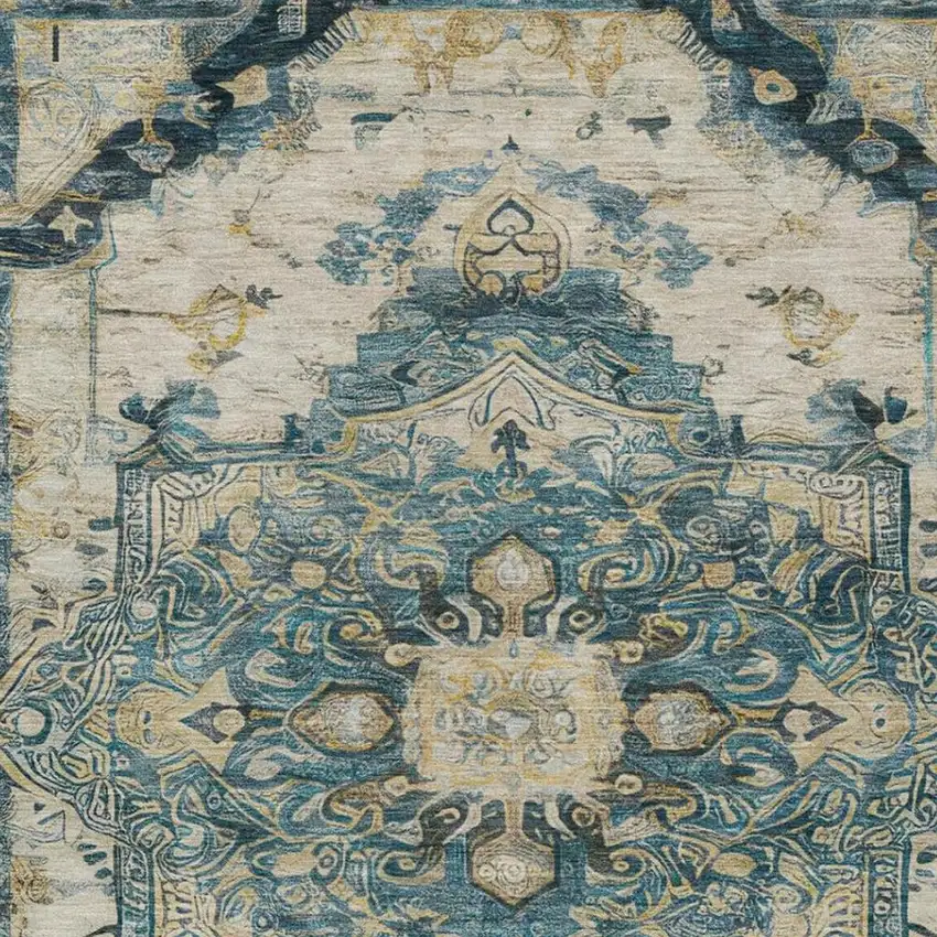 Teal Blue And Graphite Floral Medallion Washable Indoor Outdoor Area Rug Photo 8