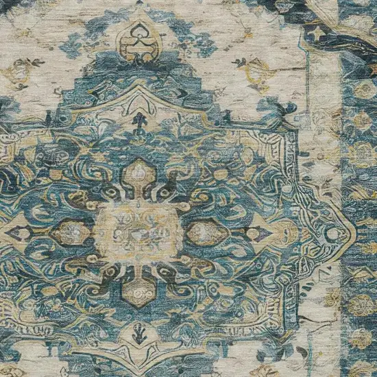 Teal Blue And Graphite Floral Medallion Washable Indoor Outdoor Area Rug Photo 2
