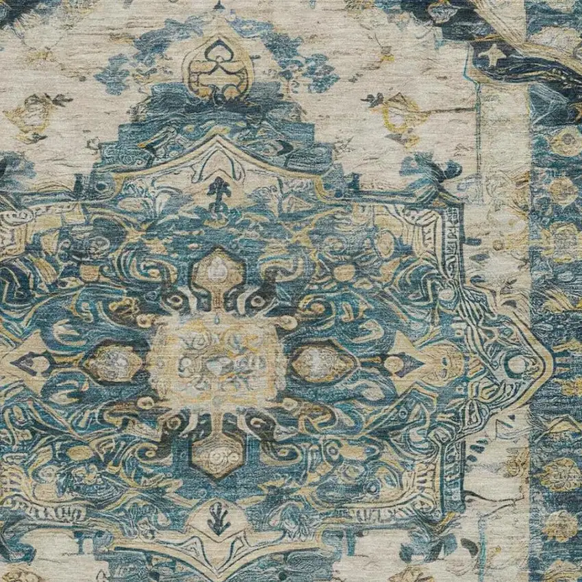 Teal Blue And Graphite Floral Medallion Washable Indoor Outdoor Area Rug Photo 8