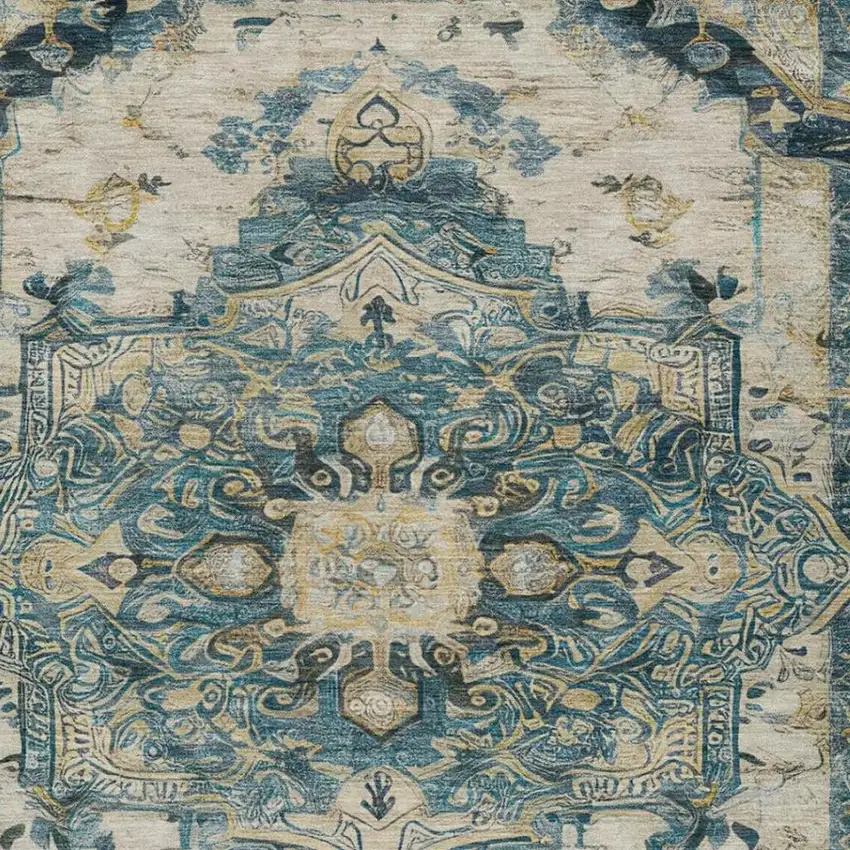 Teal Blue And Graphite Floral Medallion Washable Indoor Outdoor Area Rug Photo 4