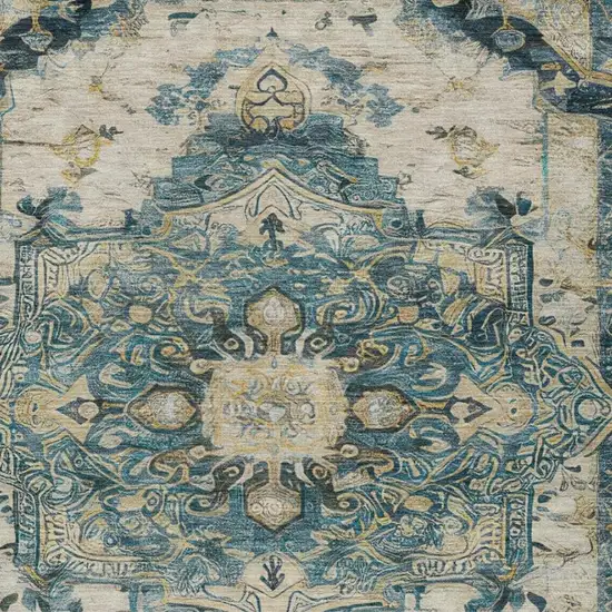 Teal Blue And Graphite Floral Medallion Washable Indoor Outdoor Area Rug Photo 4