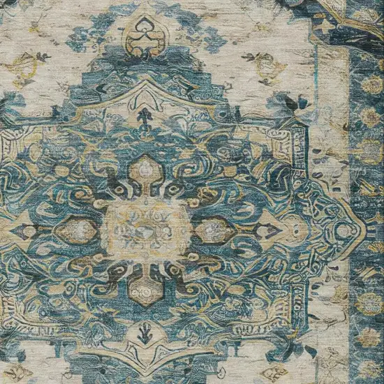 Teal Blue And Graphite Floral Medallion Washable Indoor Outdoor Area Rug Photo 9