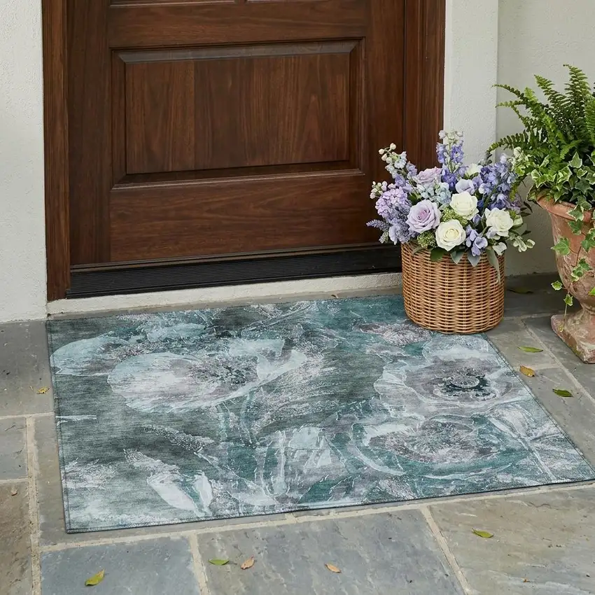 Teal Blue And Graphite Floral Washable Indoor Outdoor Area Rug Photo 1