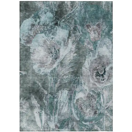 Teal Blue And Graphite Floral Washable Indoor Outdoor Area Rug Photo 2