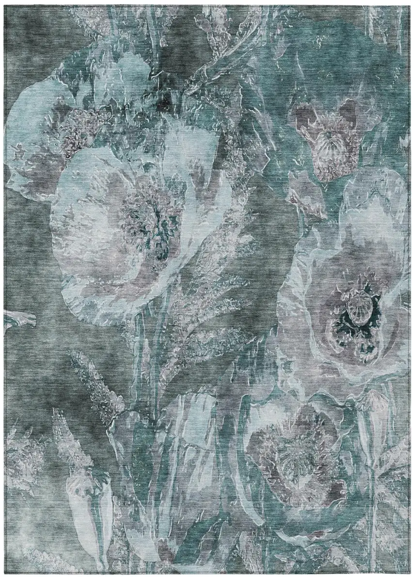 Teal Blue And Graphite Floral Washable Indoor Outdoor Area Rug Photo 2