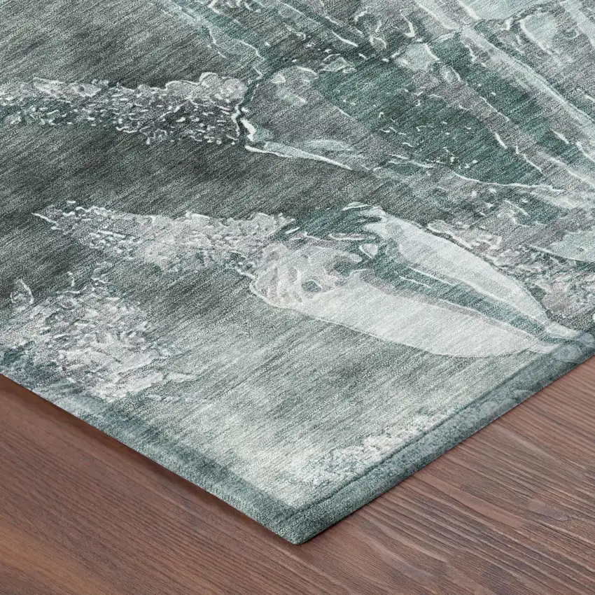 Teal Blue And Graphite Floral Washable Indoor Outdoor Area Rug Photo 3