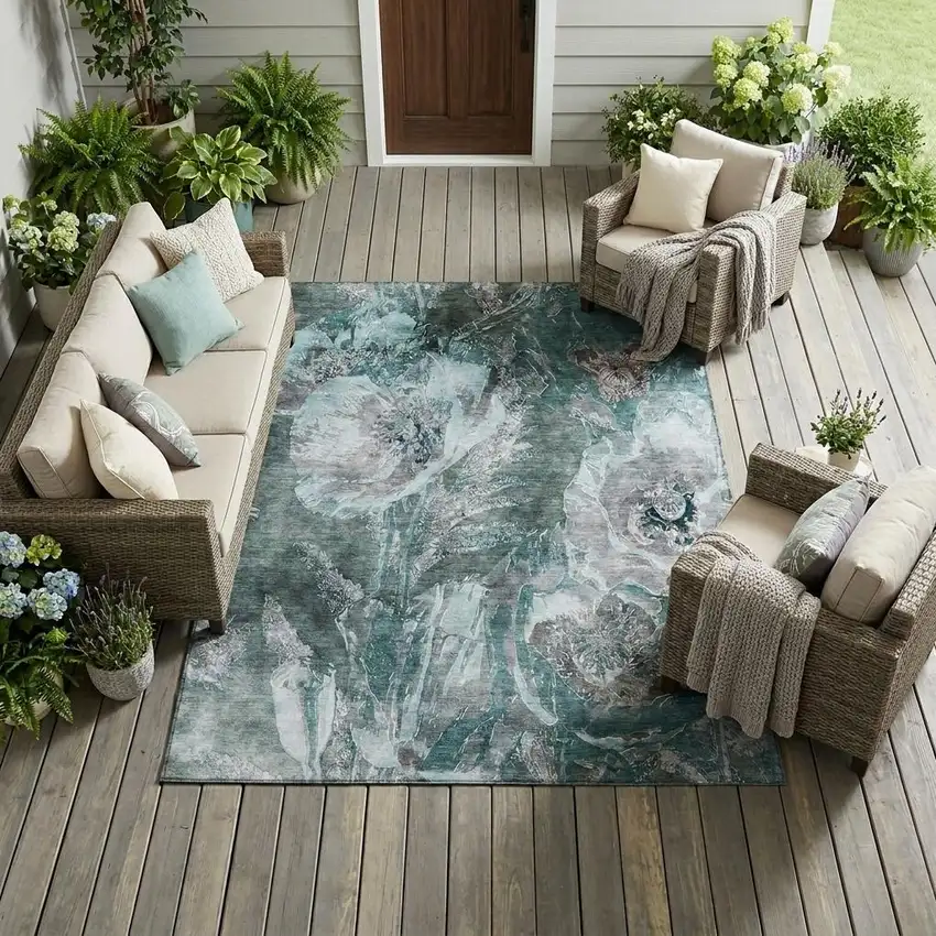 Teal Blue And Graphite Floral Washable Indoor Outdoor Area Rug Photo 1
